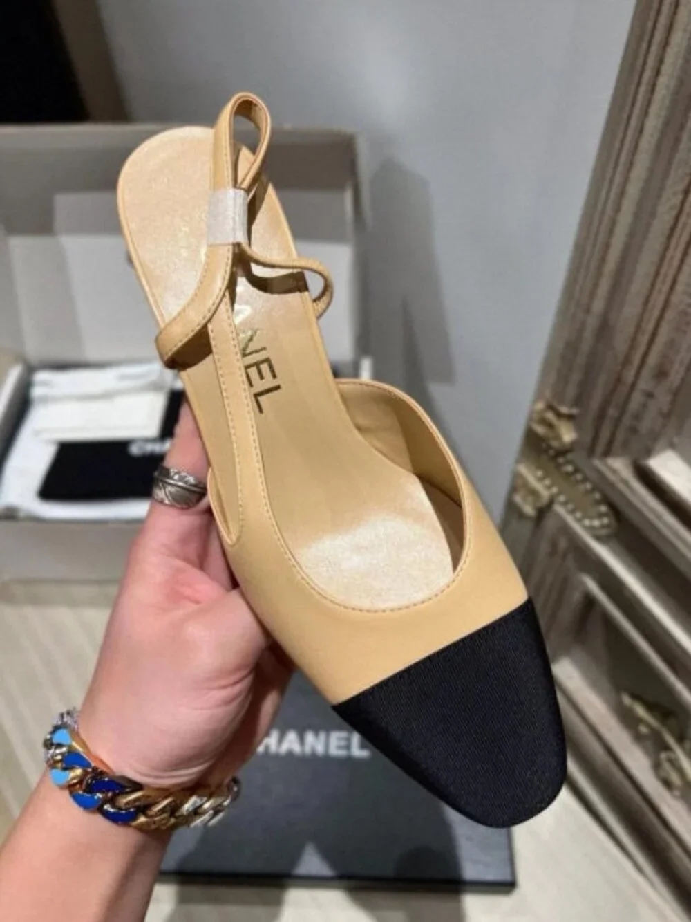 CHANEL Beige & Black Slingback Pumps – Size 39, with Original Box